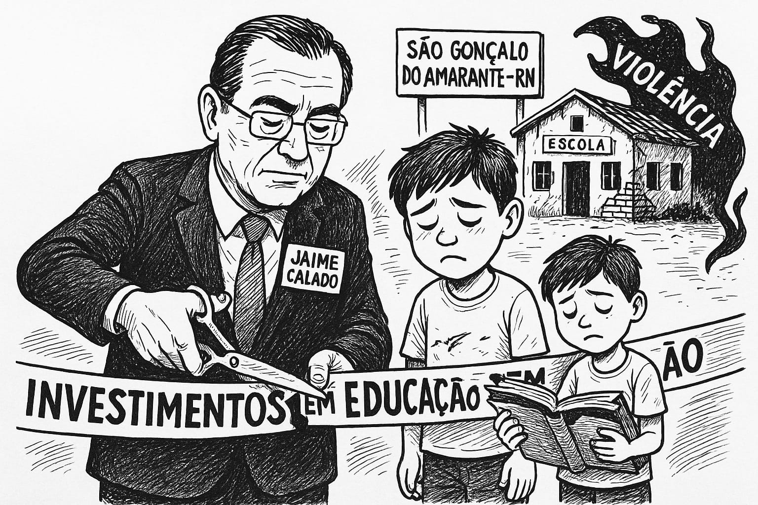 Equanto Jaime corta os investimento na Educação do município, a violência aumenta na cidade e o futuro de milhares de crianças, adolecentes segue incerto. (Charge reproduzida com recurso da inteligência artificial.)/PAIS DE OLHO NA ESCOLA