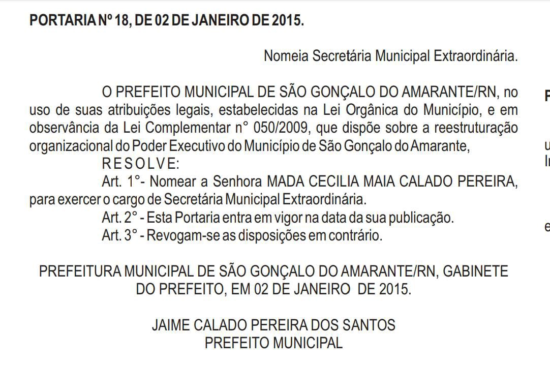 Registro do Diário Oficial de nomeação na prefeitura, pai nomeando a filha. É imoral, mas é legalizado. FOTO1: MADA/ REDE SOCIAL