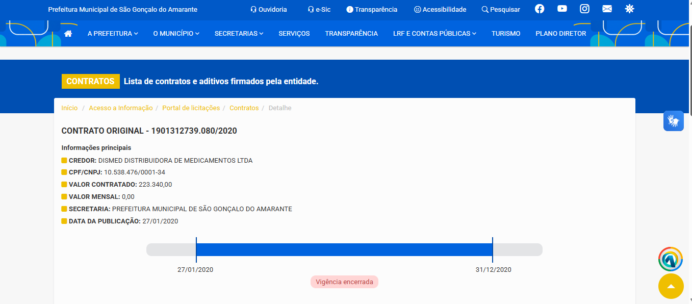 Em janeiro de 2020, o município estava sob o comando do prefeito Paulo Emídio de Medeiros (falecido), ele era esposo da hoje deputada estadual Terezinha Maia (PL). FOTO: PRINT/ PORTAL PREFEITURA SGA RN